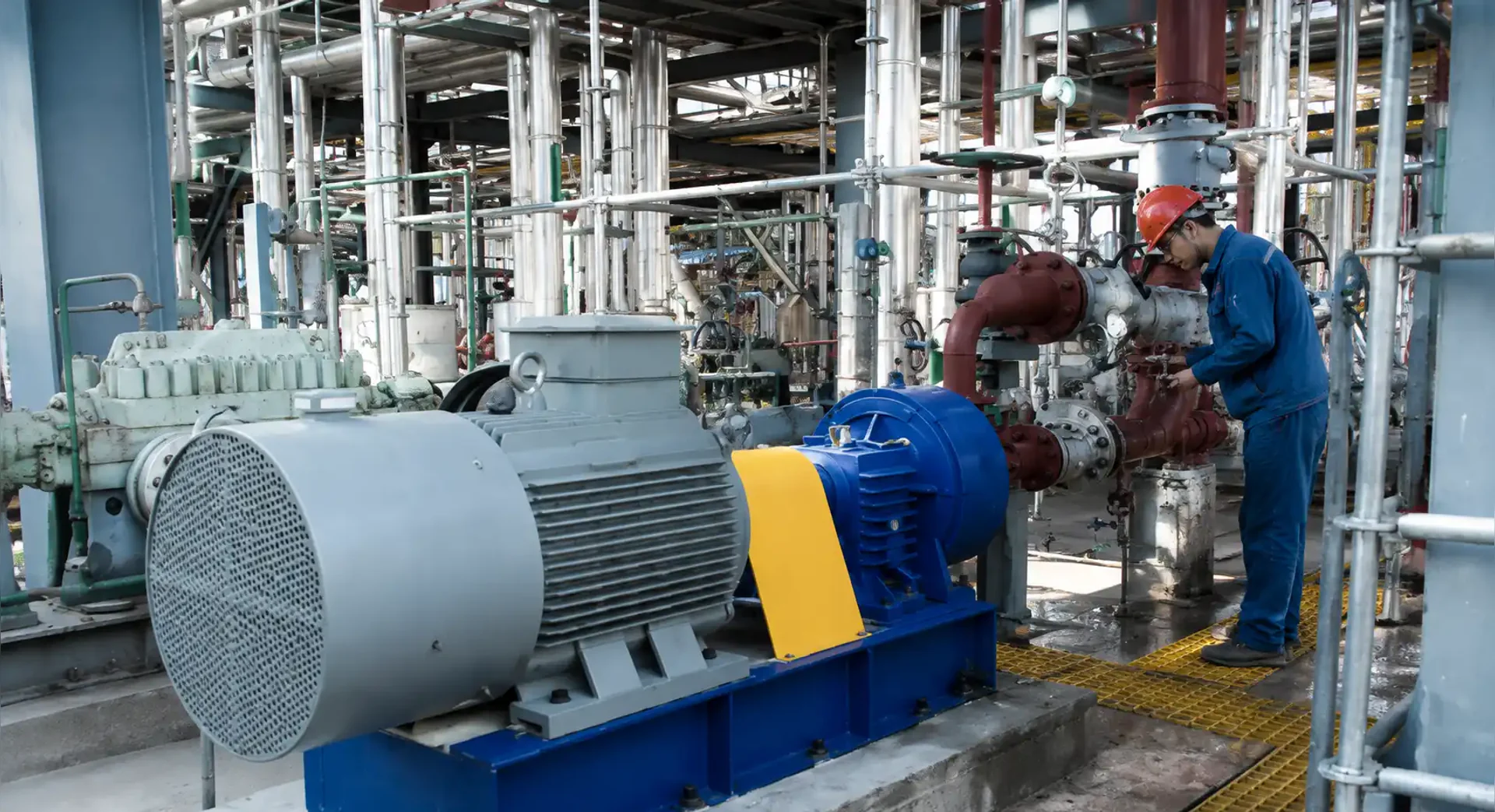 Petrochemical plant pump package with process piping and instrumentation