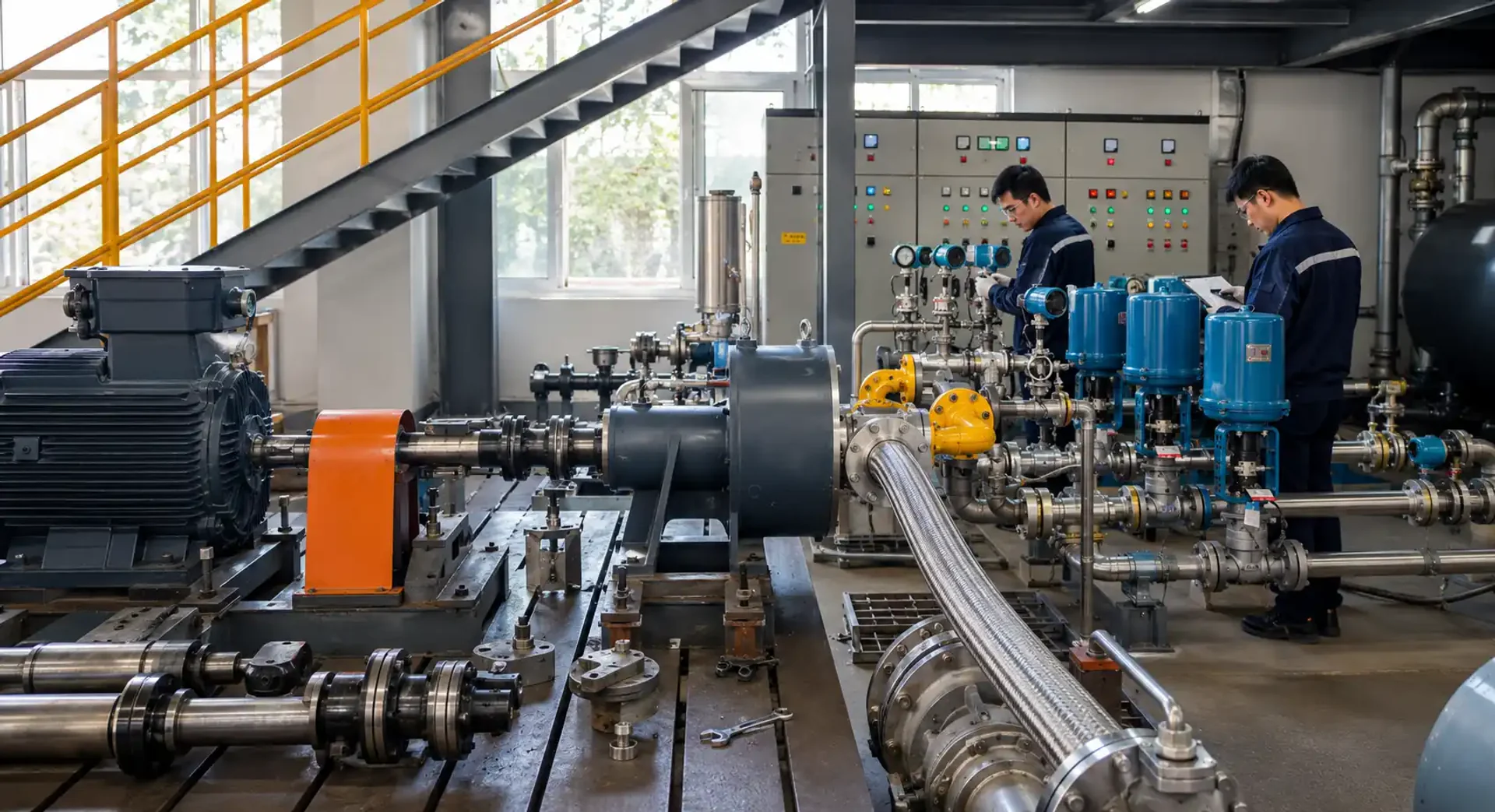 Pump manufacturing workshop with machining assembly and quality inspection